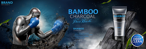 Bamboo charcoal face wash ads with strong boxer throwing hook in 3d illustration