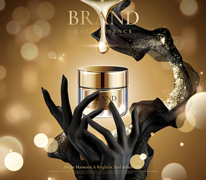 Golden cream jar ads with black hands holding the product on bokeh glitter background in 3d illustration