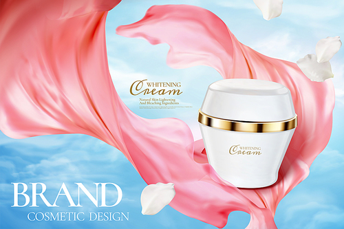 Cosmetic cream jar ads on blue sky with pink chiffon texture in 3d illustration