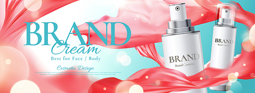 Skincare product banner ads with spray bottle and flying pink chiffon on glitter blue background in 3d illustration