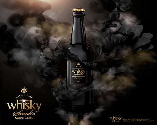 Mysterious premium whisky ads with black fog and flowers on dark background in 3d illustration