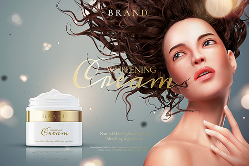 Whitening cream jar ads with beautiful woman on bokeh background in 3d illustration