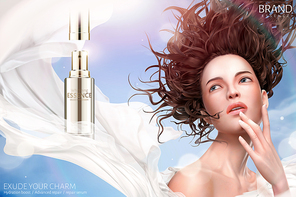 Whitening essence ads with beautiful woman on blue sky background in 3d illustration