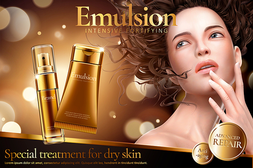 Emulsion product ads with beautiful woman on golden color glittering background in 3d illustration