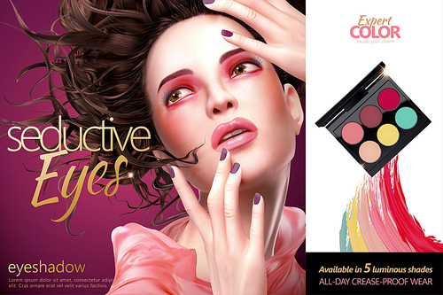 Beautiful woman wearing colorful eyeshadow, eyeshadow palette ads in 3d illustration