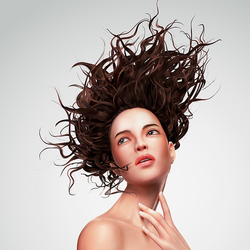 Pure woman with flowing hair in 3d illustration