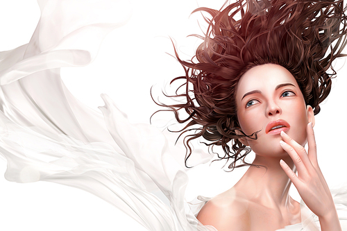 Pure woman covering with white chiffon fabric in 3d illustration