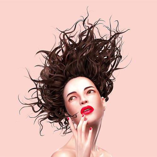 Trendy woman with red lip and flowing hair in 3d illustration on pink background