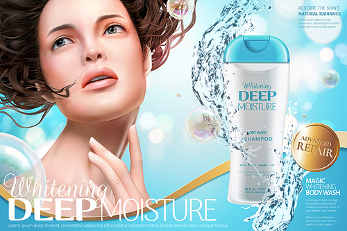 Deep moisture body wash ads with attractive flowy hair woman and splashing water effect, 3d illustration