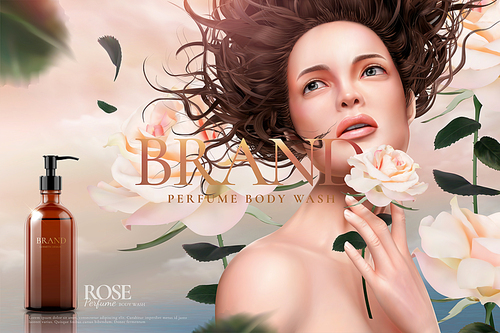 Rose body wash ads with light pink roses around an attractive flowy hair woman, 3d illustration