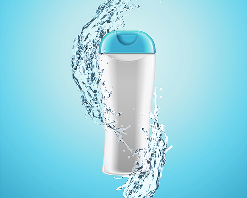 Body wash or shampoo product bottle mockup in white and blue with splashing water effect, 3d illustration