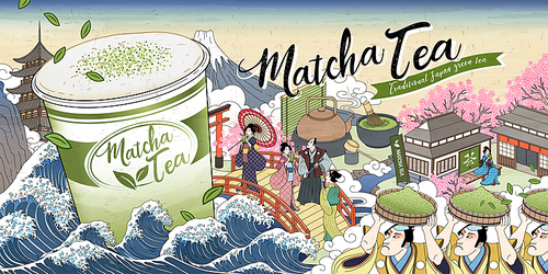 Ukiyo-e Matcha tea ads with giant takeaway cup floating upon ocean tides, tea word written in Japanese Kanji