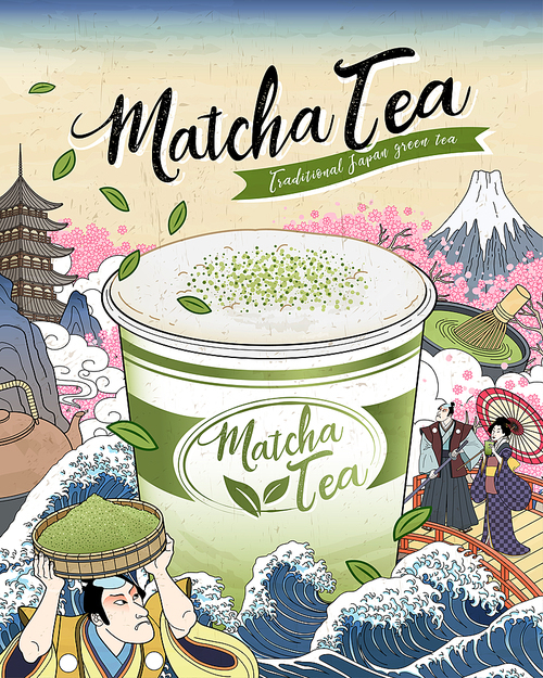 Ukiyo-e Matcha tea ads with giant takeaway cup floating upon ocean tides, Japanese vintage art