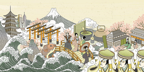 Retro Japan street scenery in Ukiyo-e style, people carrying green powder and enjoying their beverage