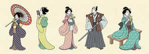 Japanese characters design in Ukiyo-e style, geisha and kabuki