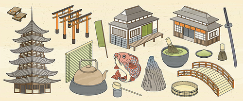 Japanese architectures and food design in Ukiyo-e style