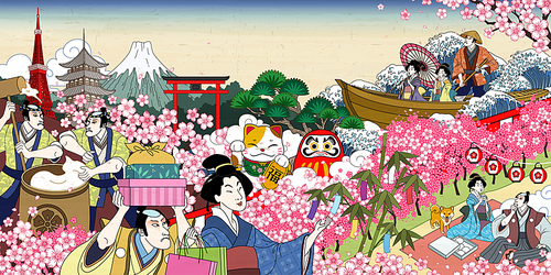 Traditional japan cheery blossom viewing scene in ukiyo-e style