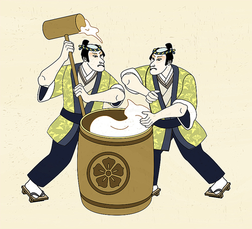 Ukiyo-e style man pounding mochi with big wood mallet