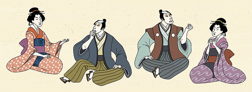 People in Japanese traditional custom in ukiyo-e style