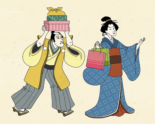 Woman in kimono shopping with her servant, ukiyo-e style