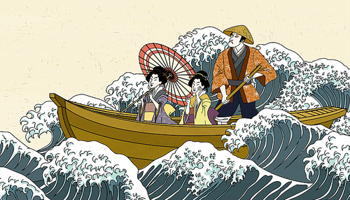 People holding umbrella on boat in ukiyo-e style
