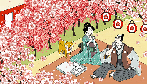 Ukiyo-e style beautiful cherry blossom viewing activity