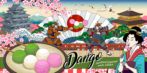 Japanese dango ads with ukiyo-e style character and street scene