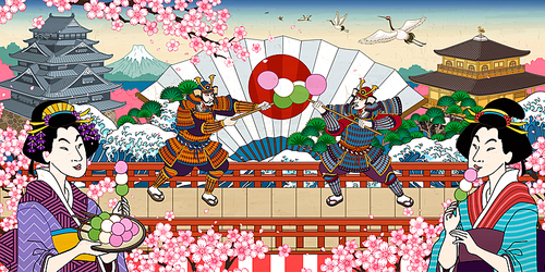 Funny dango ads with two samurai fighting for it, ukiyo-e style japanese landmark and characters