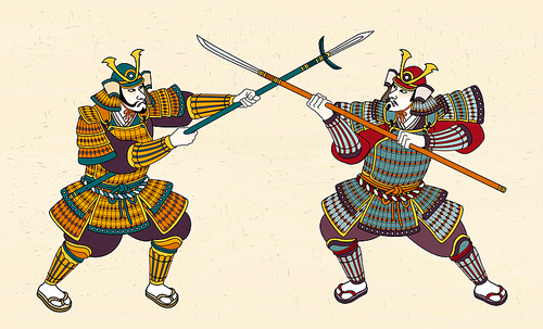 Two Japanese samurai in amour fighting through sword