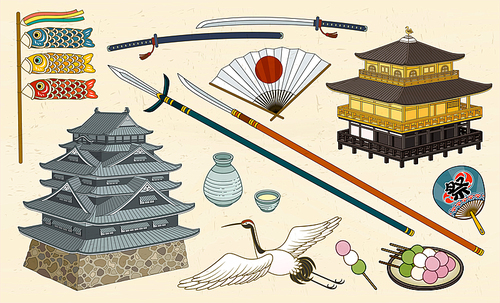 Traditional japanese landmarks, food and cultural symbols in ukiyo-e style