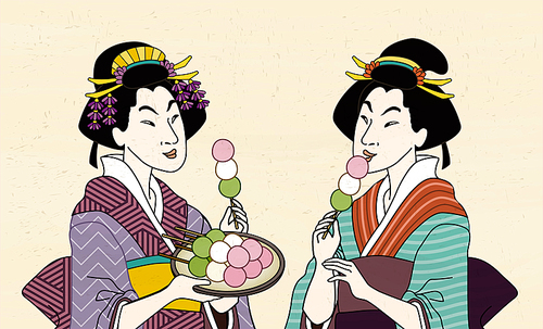 Two geisha eating mitarashi dango in kimono, ukiyo-e style