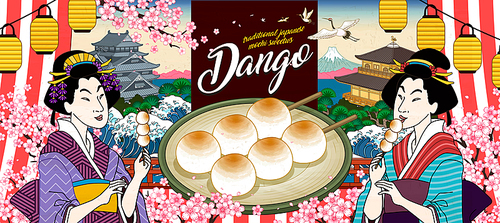 Japanese mitarashi dango ads with two geisha eating desserts in ukiyo-e style