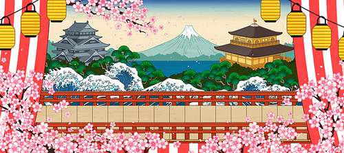 Traditional japanese historic scenery with cherry blossoms in ukiyo-e style