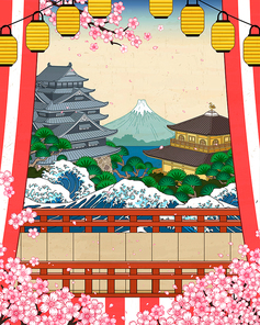 Traditional japanese historic scenery with cherry blossoms in ukiyo-e style