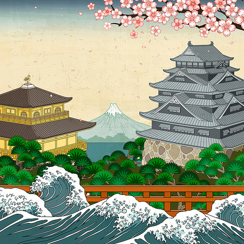 Japanese traditional landmarks and wave tides, fuji mountain background in ukiyo-e style