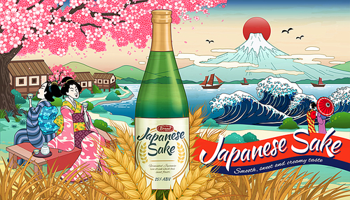 ukiyo e style japanese sake ads with geisha   wine