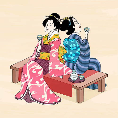 Ukiyo e style geisha enjoying sake and resting on tea house bench