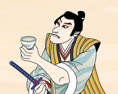 Ukiyo e style kabuki actor enjoying sake