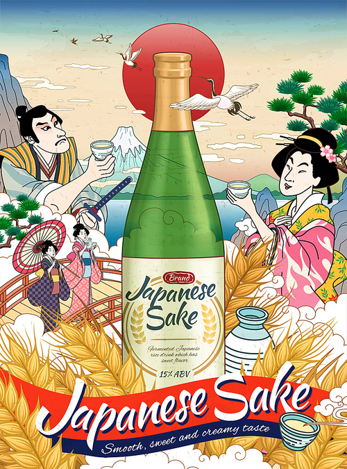 ukiyo e style japanese sake ads with people drinking  wine