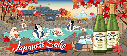 Japanese sake ads in ukiyo-e style with men and cute monkey enjoying outdoor hot spring, beautiful maple scenery