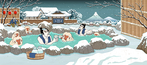 Japanese ukiyo-e style men and cute monkey enjoying outdoor hot spring and sake, beautiful winter snowy scenery