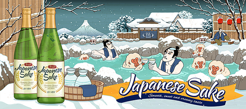 Japanese sake ads in ukiyo-e style with men and cute monkey enjoying outdoor hot spring, beautiful winter snowy scenery