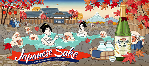 Japanese sake ads in ukiyo-e style with women and cute monkey enjoying outdoor hot spring, beautiful maple scenery