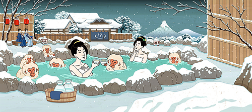 Japanese ukiyo-e style women and cute monkey enjoying outdoor hot spring and sake, beautiful winter snowy scenery