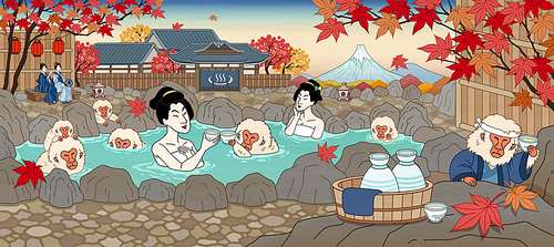 Japanese ukiyo-e style women and cute monkey enjoying outdoor hot spring and sake, beautiful maple scenery