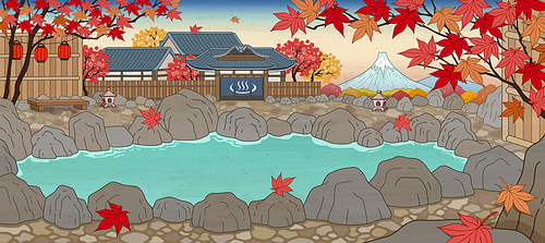 Japanese ukiyo-e style hot spring surrounded by maple leaves