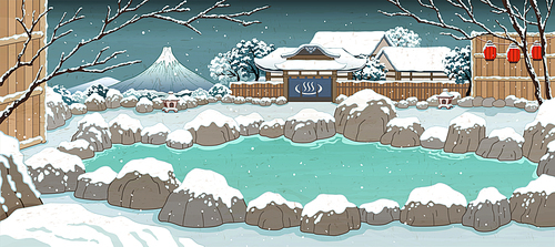 Japanese ukiyo-e style hot spring covered by snow