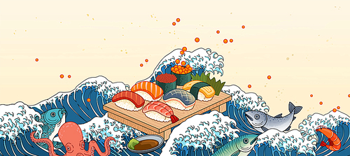 Sashimi on giant wave tides background in ukiyo-e style