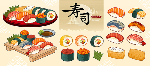 Sushi bar food collection in ukiyo-e style, Japanese food and sushi written in Chinese text