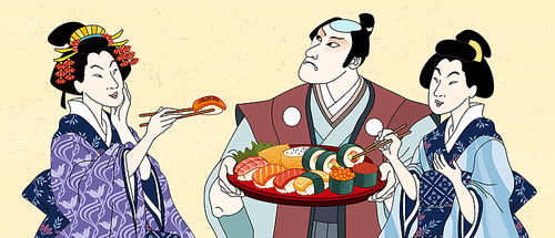 Retro Japanese people eating sashimi together in ukiyo-e style